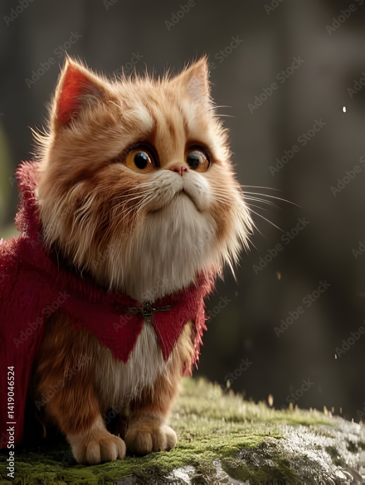 Fototapeta premium Realistic Ginger Cat Wearing Red Scarf