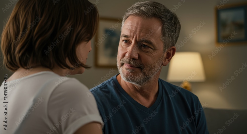 Obraz premium Mature Couple Engaged in Serious Conversation in Living Room