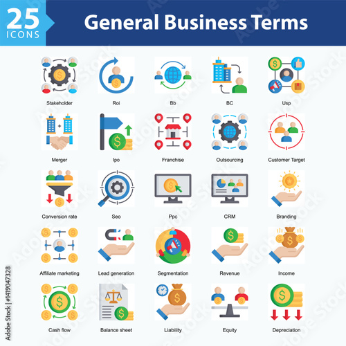 General Business Terms is a collection of icons in sheet format representing key elements of startup management, from funding and branding to growth strategies.