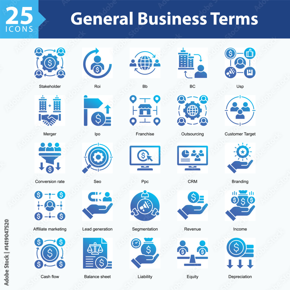 General Business Terms is a collection of icons in sheet format representing key elements of startup management, from funding and branding to growth strategies. General Business Terms is a collection of icons in sheet format representing key elements of startup management, from funding and branding to growth strategies.