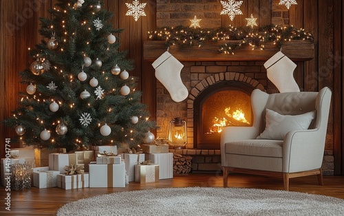 Cozy Scandinavian Christmas Living Room with Fireplace and Minimalist Decoration photo