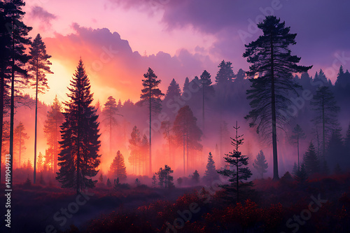 A dreamy fantasy forest at dusk, with misty fog glowing in warm neon orange and deep purple hues