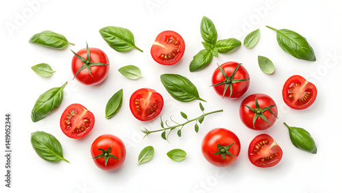 Fresh Ripe Tomatoes and Basil Leaves Isolated on White Background – Top View of Natural Ingredients