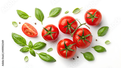 Fresh Ripe Tomatoes and Basil Leaves Isolated on White Background – Top View of Natural Ingredients