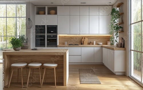 Wallpaper Mural Minimalist modern kitchen with white cabinetry and wooden countertops in Scandinavian style with soft natural light and warm inviting atmosphere Torontodigital.ca