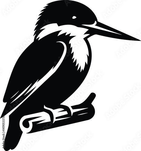 Kingfisher poised on branch vector silhouette