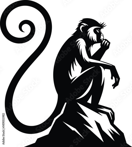 Macaque Contemplating on Rock Isolated Vector Silhouette