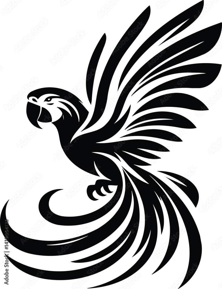 Fototapeta premium Art Deco Macaw Silhouette with Dramatic Wings in Flight