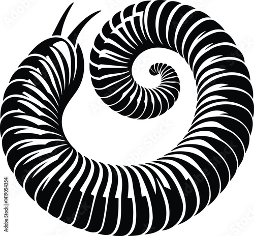 Millipede curling in a sinuous rhythmic pattern silhouette