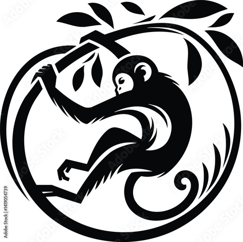 Monkey playfully swinging from vine silhouette