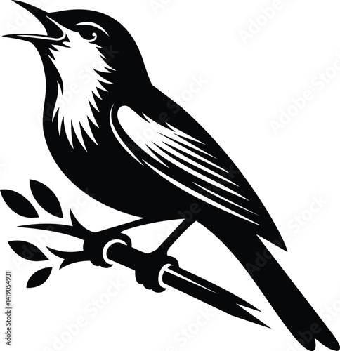 Nightingale Singing on Branch Silhouette Vector Illustration