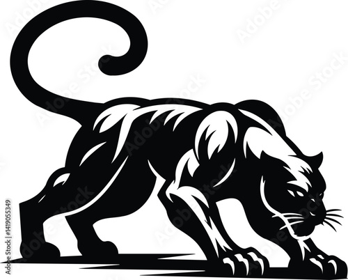 Black panther prowling with tensed muscles in vector silhouette