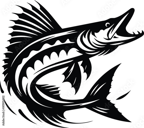 Pike in Striking Pose Black and White Silhouette