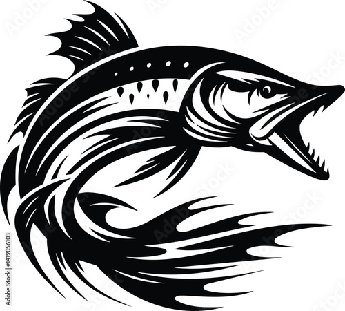 Pike Fish Silhouette in Striking Pose with Open Jaw