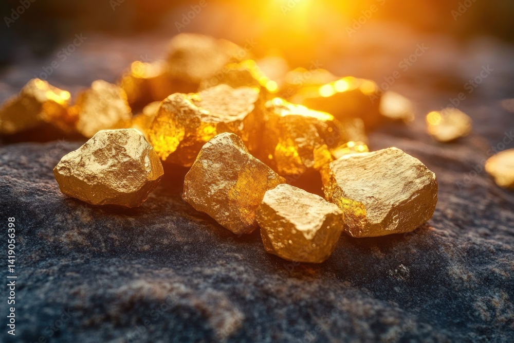 Golden nuggets on rough stone surface illuminated by warm sunlight with soft bokeh background Golden nuggets on rough stone surface illuminated by warm sunlight with soft bokeh background