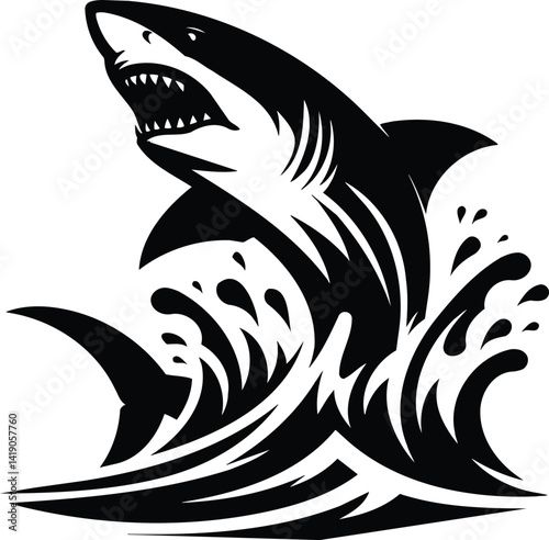 Shark breaches with jaws open black and white vector silhouette