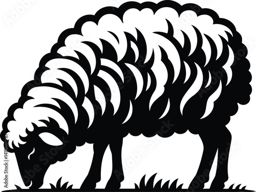 Silhouette of a Sheep Grazing with Fluffy Textured Wool Outline