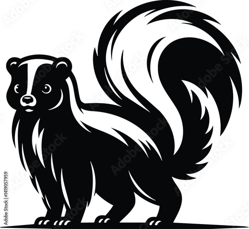 Skunk standing alert with tail raised in defensive posture silhouette