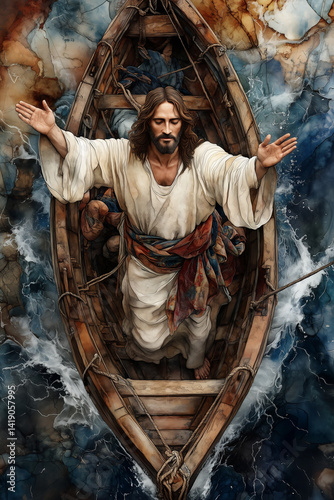 A highly detailed and realistic image of Jesus standing in a small wooden fishing boat during a violent storm at sea. 