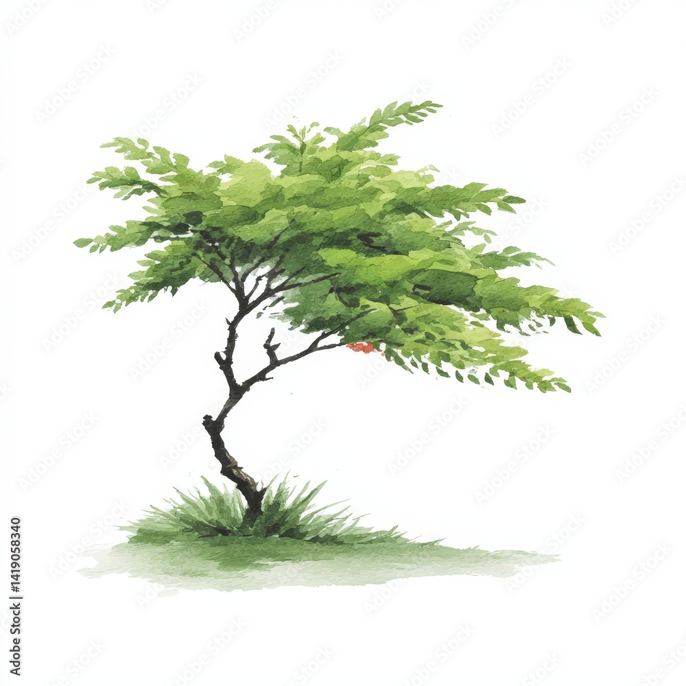 Obraz premium Lush Green Tree Watercolor Painting Nature Landscape Garden Ecology Spring Summer F