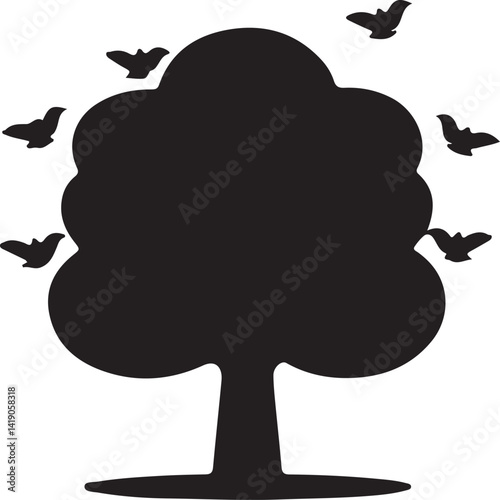 A striking black silhouette of a stylized tree with birds and rains effect perched on its branches against a plain white background.