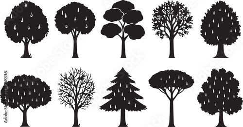 A striking black silhouette of a stylized tree with birds and rains effect perched on its branches against a plain white background.