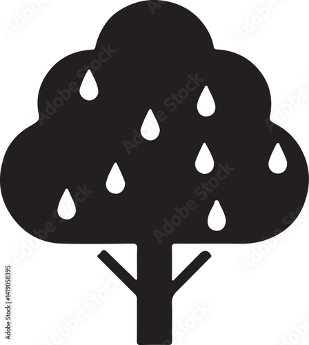 A striking black silhouette of a stylized tree with birds and rains effect perched on its branches against a plain white background.
