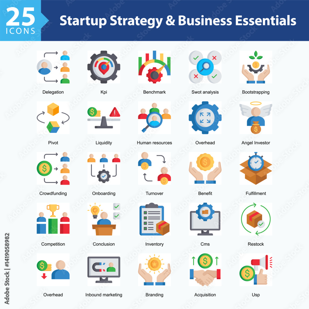 Startup Strategy & Business Essentials is a collection of icons in sheet format representing key elements of startup management, from funding and branding to growth strategies. Startup Strategy & Business Essentials is a collection of icons in sheet format representing key elements of startup management, from funding and branding to growth strategies.