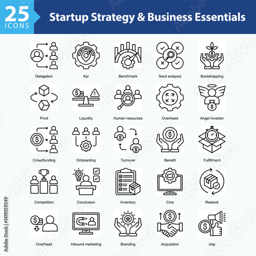 Startup Strategy & Business Essentials is a collection of icons in sheet format representing key elements of startup management, from funding and branding to growth strategies.