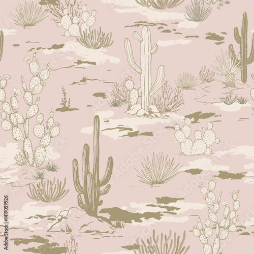 Seamless Pattern of Desert Landscape with Cacti and Vegetation. Wild West Surface Poster Design for All Fabrics and Prints. Background Wallpaper featuring Arizona vector artwork.
