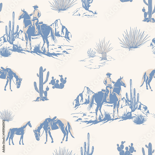 Cute Rodeo Cowboys seamless vector pattern. desert landscape with cacti repeating background. Wild West surface pattern design for All fabric and Prints