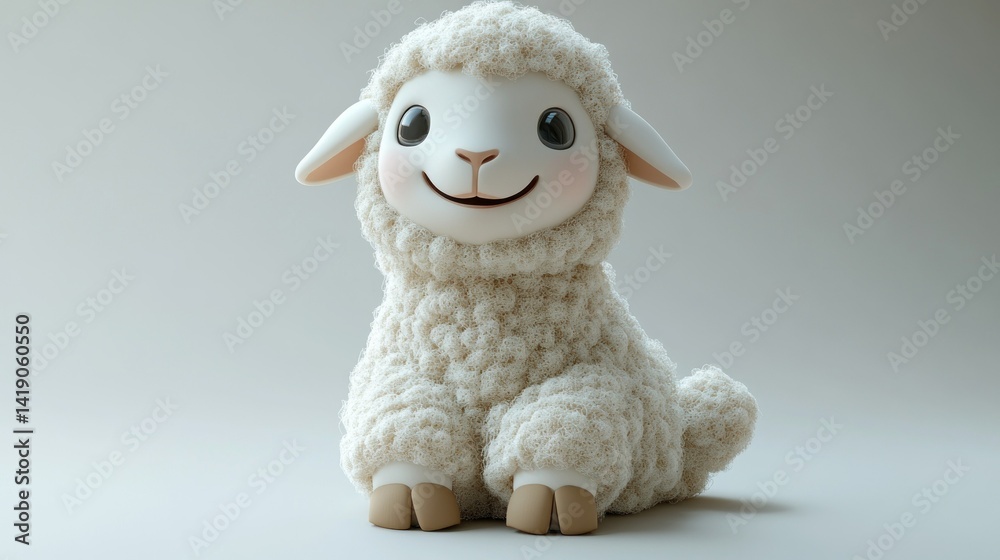 Fototapeta premium Cute cartoon sheep, sitting, studio, light background, possible use in children's book illustration