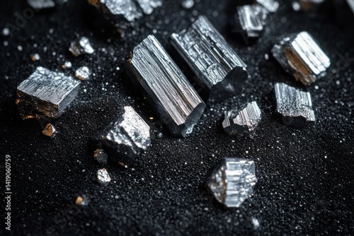 Close-up of metallic silver and platinum crystals on black sand from rare earth mine industrial ore