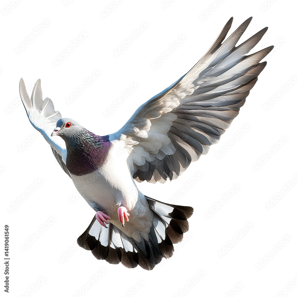 Naklejka premium Flying pigeon captured in motion against a bright white background, Flying pigeon isolated on white background