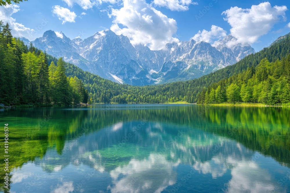 Stunning summer views of fusine lake and julian alps, inviting adventurers to uncover italy's breathtaking natural treasures and picturesque landscapes Stunning summer views of fusine lake and julian alps, inviting adventurers to uncover italy's breathtaking natural treasures and picturesque landscapes