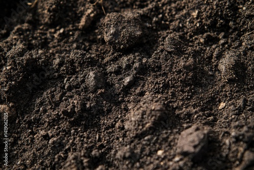Closeup view of rich dark brown soil texture for gardening lovers and farming projects, showcasing nature's beauty and ideal for agricultural themes and horticultural designs