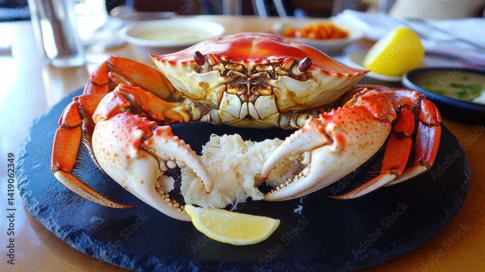 A giant steamed crab with cracked claws, revealing tender white meat inside, served on a stylish black stone plate with a side of butter sauce, lemon wedges, and chili paste.