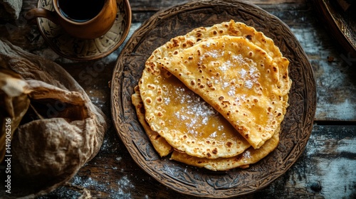 Obraz na płótnie A golden, crispy roti drizzled with condensed milk and sprinkled with sugar, elegantly served on a handcrafted ceramic plate with a side of hot tea. w salonie