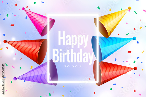 happy birthday wishes banner with 3d colorful cap and confetti decoration