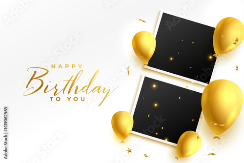 realistic golden balloons with photo frame for birthday invitation card