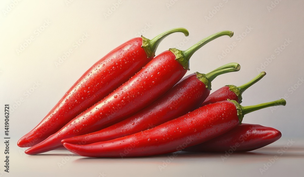 Three fresh red chili peppers on white background with glossy texture and vibrant colors