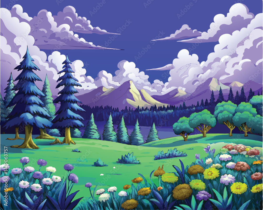 A vibrant and whimsical landscape featuring colorful flowers, lush meadows, towering pine trees, and majestic mountains under a dramatic cloud-filled sky.