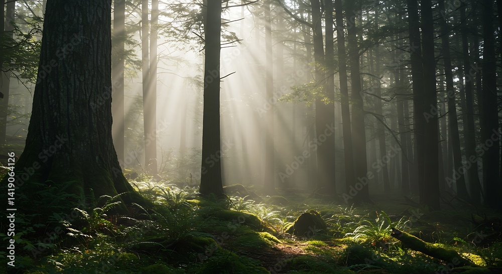 Obraz premium Sun Rays Through Forest Trees and Greenery