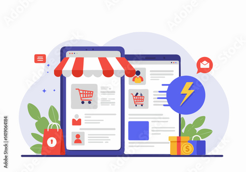 A colorful vector illustration depicting two digital devices, a smartphone and a tablet, designed to resemble online stores with awnings and shopping carts. Online Shopping and E-commerce Concept