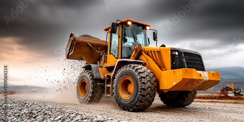 Yellow earthmover moving dirt on construction site, cloudy sky background