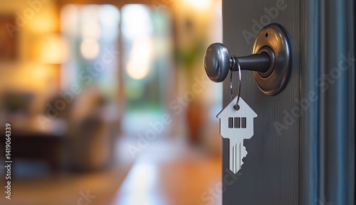 A house key with a key chain in the shape of a house is hanging on a door knob. The door is open and a living room is blurred in the background