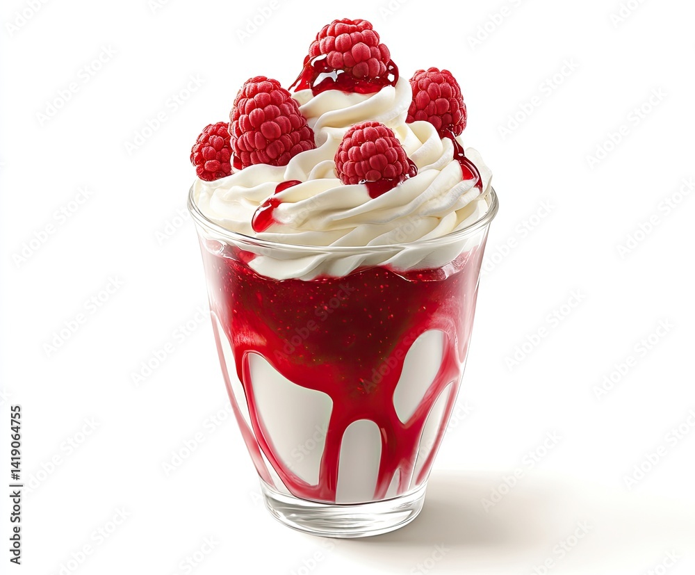 A glass dessert topped with whipped cream, raspberry sauce, and fresh raspberries A glass dessert topped with whipped cream, raspberry sauce, and fresh raspberries