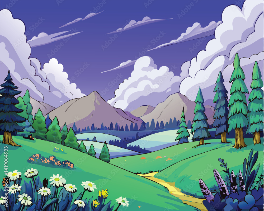 A serene and colorful cartoon landscape with green meadows, wildflowers, pine trees, and distant mountains under a purple sky filled with fluffy clouds