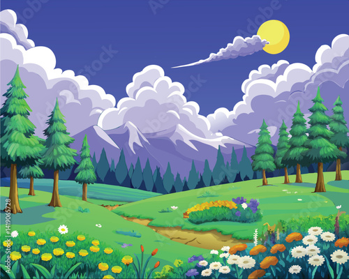 A vibrant and whimsical landscape featuring colorful flowers, lush meadows, towering pine trees, and majestic mountains under a dramatic cloud-filled sky.