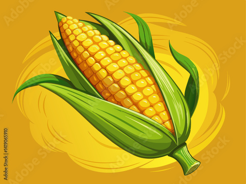 A professional vector of a juicy corn on the cob with texture details, placed on a solid sunny yellow background